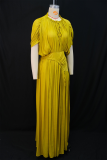 Lemon Yellow Drawstring Crew Neck Pleated Dress Asymmetrical Design Maxi Elegant Dress