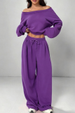 Rose Red Off-shoulder Cropped Sweatshirt Drawstring Wide-leg Pants Casual Stylish Two-piece Set