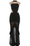 Black Sexy Solid Color Mesh Strapless Long Dresses