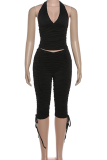 Black Halter V-neck Ruched Top Drawstring Capri Pants Stylish Two-piece