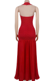 Red Elegant Solid Color Backless Halter Long Dresses
