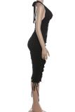 Black Halter V-neck Ruched Top Drawstring Capri Pants Stylish Two-piece