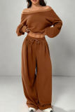 Rose Red Off-shoulder Cropped Sweatshirt Drawstring Wide-leg Pants Casual Stylish Two-piece Set