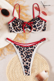Red Sexy Leopard Print Contrast Swimwears