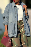 Blue Casual Solid Color Buckle Turndown Collar Long Sleeve Loose Denim Jacket
