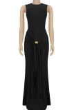 Burgundy Sleeveless Slim Maxi Dress Metal Buckle Tie Design Elegant Gown