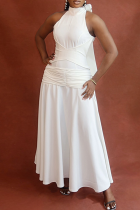 White Halter Stand Collar Ruched Dress Slim Flared Elegant Long Gown