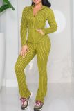 Rose Red Striped Hooded Zipper Set Slim Flared Pants Casual Stylish Two-piece
