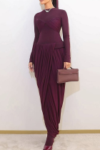 Burgundy Long-sleeve Slim Dress Ruched Wrap Design Elegant Maxi Gown