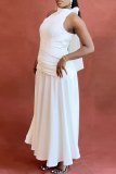 White Halter Stand Collar Ruched Dress Slim Flared Elegant Long Gown