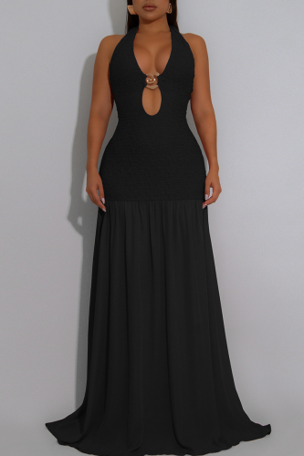 Black Elegant Solid Color Backless Halter Long Dresses