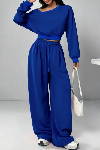 Blue Off-shoulder Cropped Sweatshirt Drawstring Wide-leg Pants Casual Stylish Two-piece Set
