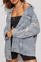 Light Blue Distressed Denim Jacket Loose Collar Casual Outerwear