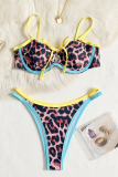 Red Sexy Leopard Print Contrast Swimwears