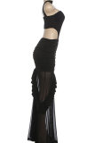 Black Sexy Solid Color Mesh Strapless Long Dresses