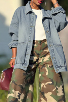 Blue Casual Solid Color Buckle Turndown Collar Long Sleeve Loose Denim Jacket