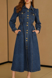 Deep Blue Casual Solid Color Buckle Turndown Collar Long Sleeve Bodycon Denim Dresses