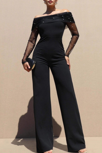 Black Casual Solid Color Pearls Decor Off Shoulder Bodycon Jumpsuits