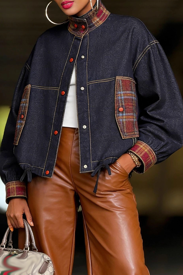 Blue Plaid Patchwork Stand Collar Jacket Contrast Button Drawstring Coat