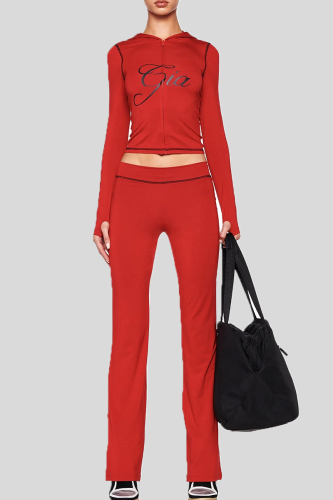 Red Zipper Ruched Cropped Top Flared Slim Loungewear Two-piece