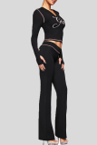 Black Zipper Ruched Cropped Top Flared Slim Loungewear Two-piece