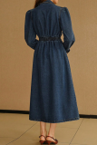 Deep Blue Casual Solid Color Buckle Turndown Collar Long Sleeve Bodycon Denim Dresses
