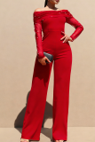 Red Casual Solid Color Pearls Decor Off Shoulder Bodycon Jumpsuits