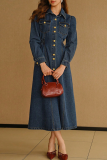 Deep Blue Casual Solid Color Buckle Turndown Collar Long Sleeve Bodycon Denim Dresses
