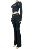 Black Zipper Ruched Cropped Top Flared Slim Loungewear Two-piece