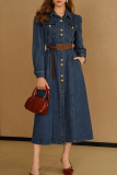 Deep Blue Casual Solid Color Buckle Turndown Collar Long Sleeve Bodycon Denim Dresses