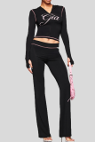 Black Zipper Ruched Cropped Top Flared Slim Loungewear Two-piece