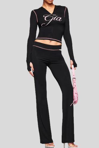 Black Zipper Ruched Cropped Top Flared Slim Loungewear Two-piece