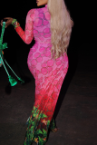 Rose Red Printed Turtleneck Maxi Dress Tie Waist Sheer Mesh Gown
