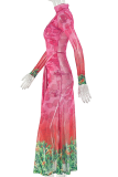 Rose Red Printed Turtleneck Maxi Dress Tie Waist Sheer Mesh Gown