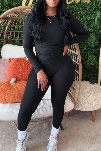 Black Casual Solid Color Patchwork O Neck Long Sleeve Two Pieces