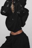 Black Hooded Rhinestone Letter Two-Piece Oversized Cropped Tracksuit