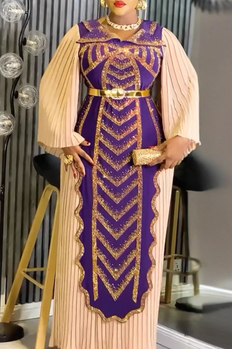 Purple Plus Size Sequin Patchwork Belted Dress Pleated Sleeve Formal Gown