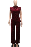 Black Casual Solid Color Sequins O Neck Two Pieces