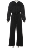 Black Hooded Rhinestone Letter Two-Piece Oversized Cropped Tracksuit