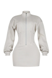 Black Stand-Collar Zip Oversized Sweatshirt Dress Fitted Mini
