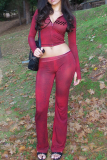 Red Hooded Zipper Printed Two-Piece Sheer Bodycon Set