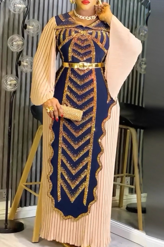 Deep Blue Plus Size Sequin Patchwork Belted Dress Pleated Sleeve Formal Gown