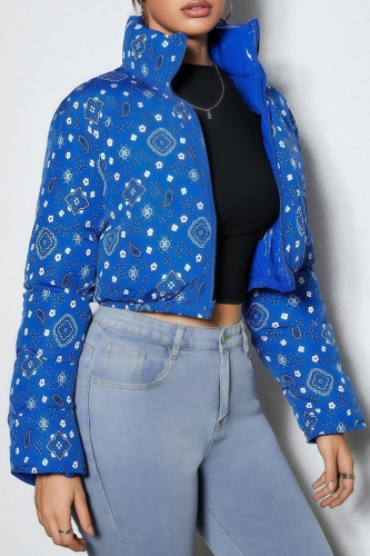 Blue Paisley Reversible Cropped Puffer Jacket Stand-Collar Zip Coat