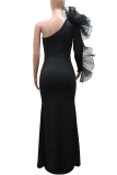Black One-Shoulder Tulle Ruffle Maxi Bodycon Dress