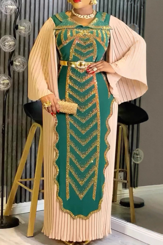 Green Plus Size Sequin Patchwork Belted Dress Pleated Sleeve Formal Gown
