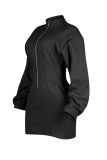 Black Stand-Collar Zip Oversized Sweatshirt Dress Fitted Mini