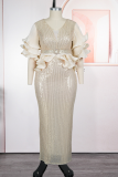 Champagne Elegant Solid Color Sequins V Neck Long Plus Size Dresses