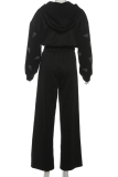 Black Hooded Rhinestone Letter Two-Piece Oversized Cropped Tracksuit