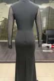 Black Mesh Rhinestone Ruched Maxi Dress Sexy Elegant Party Gown