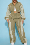 Grey Color-Block Stripe Cropped Jacket & Wide-Leg Pants Set Casual Sporty Two-Piece Outfit